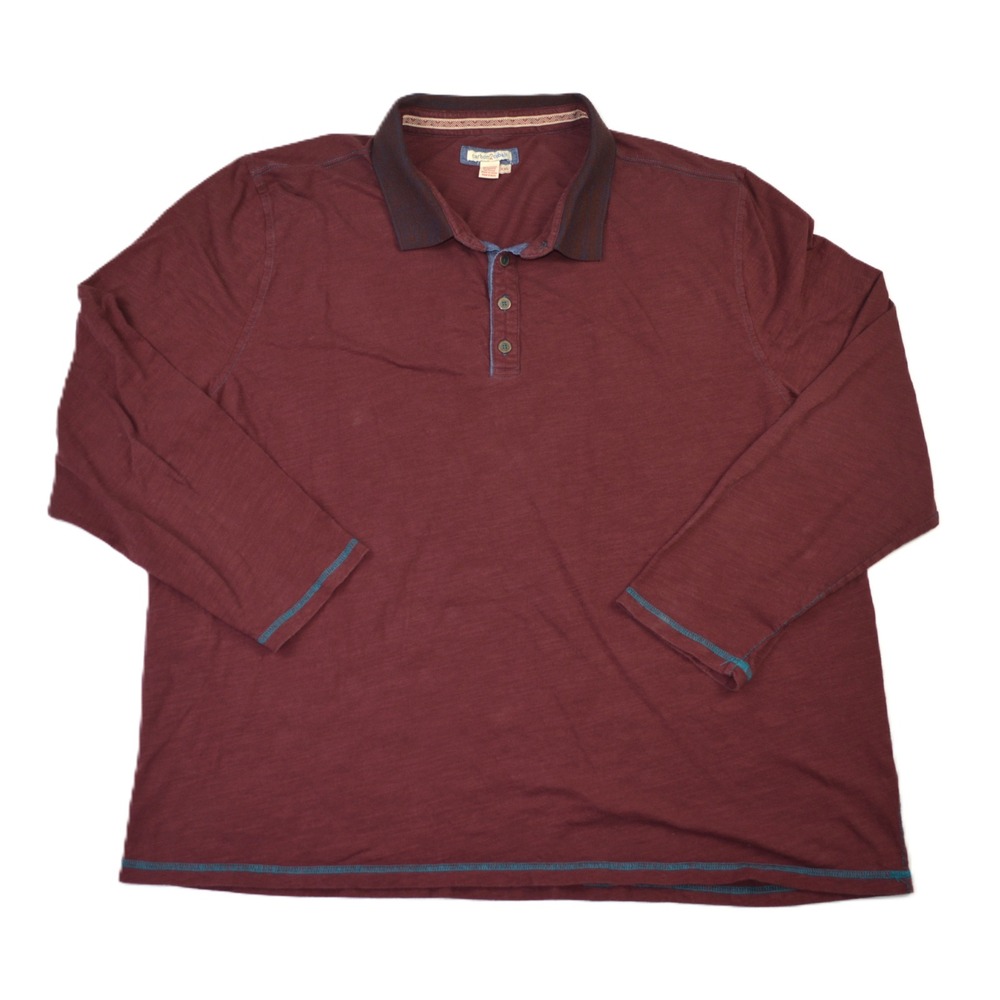 Carbon2Cobalt Mens XXL Burgundy Slub Cotton Long Sleeve Polo Shirt Blue Stitch‎
